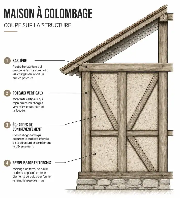 Schéma technique d'une structure de maison à colombage avec ses éléments d'ossature en bois