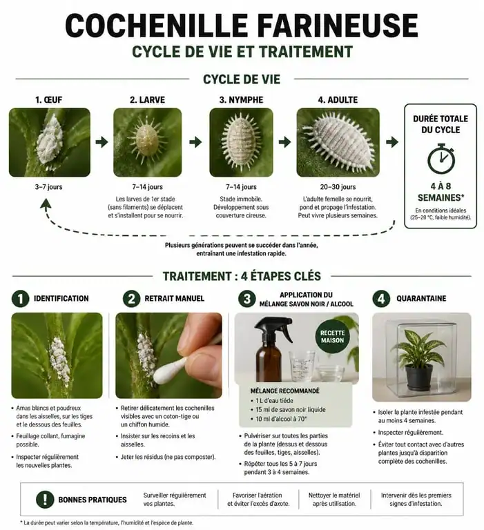 Infographie sur la lutte contre la cochenille : cycle de vie et étapes de traitement