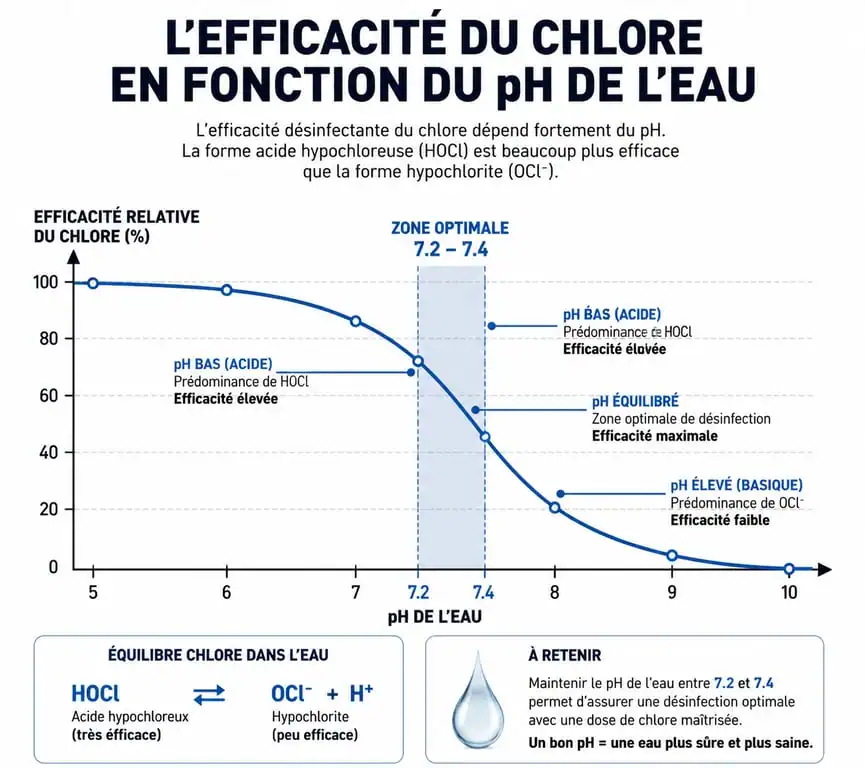 Graphique efficacité du chlore selon le pH de l'eau de piscine