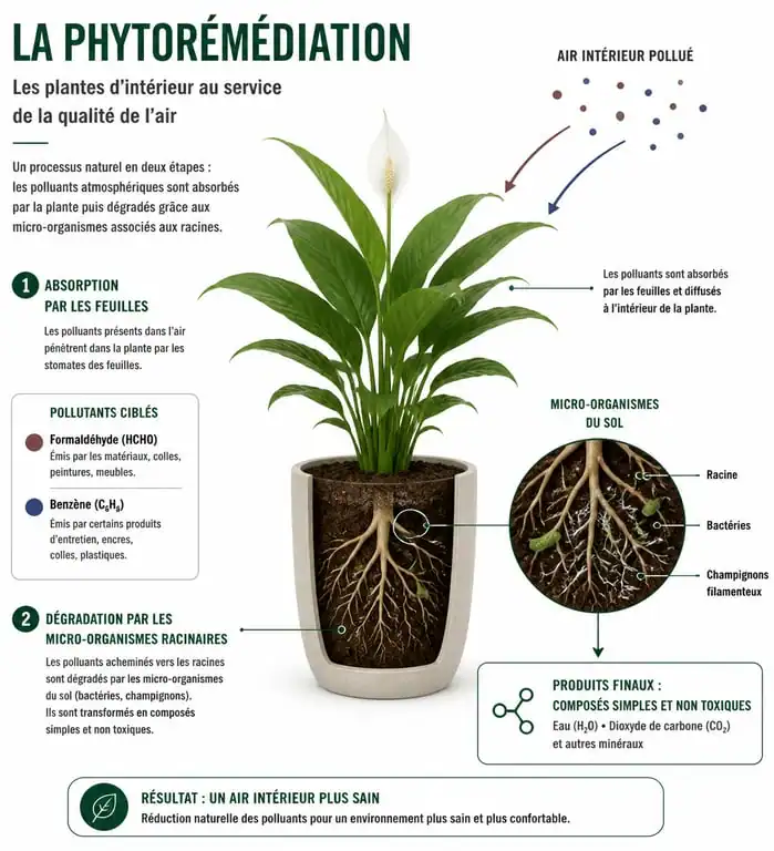Schéma explicatif du fonctionnement des plantes d'intérieur dépolluantes et de la phytoremédiation