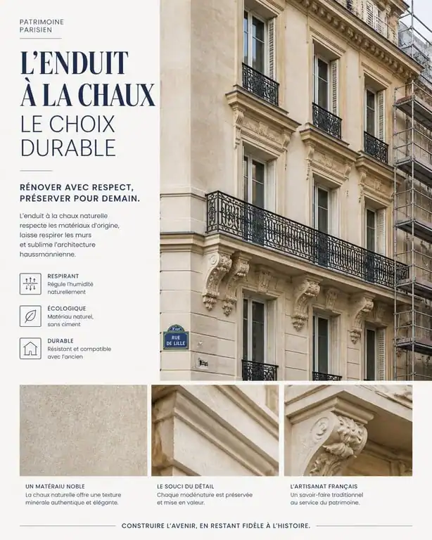 Ravalement de façade avec enduit à la chaux à Paris sur immeuble haussmannien