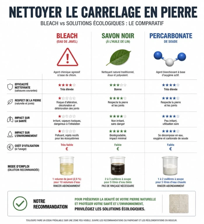 Infographie comparative : eau de javel vs alternatives écologiques pour le nettoyage de dalles de terrasse