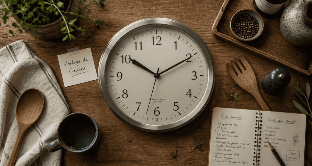 horloge cuisine inox sur plan de travail moderne