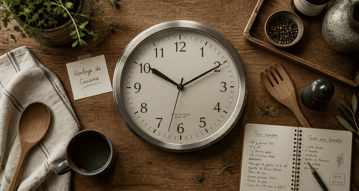 horloge cuisine inox sur plan de travail moderne