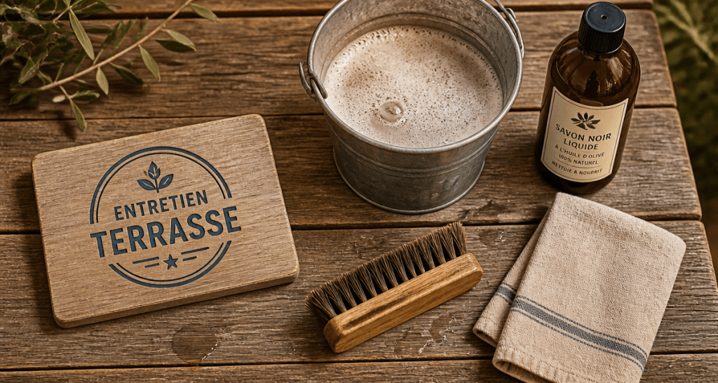 nettoyage terrasse bois savon noir brosse et seau