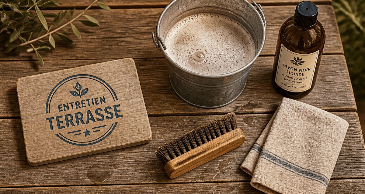 nettoyage terrasse bois savon noir brosse et seau