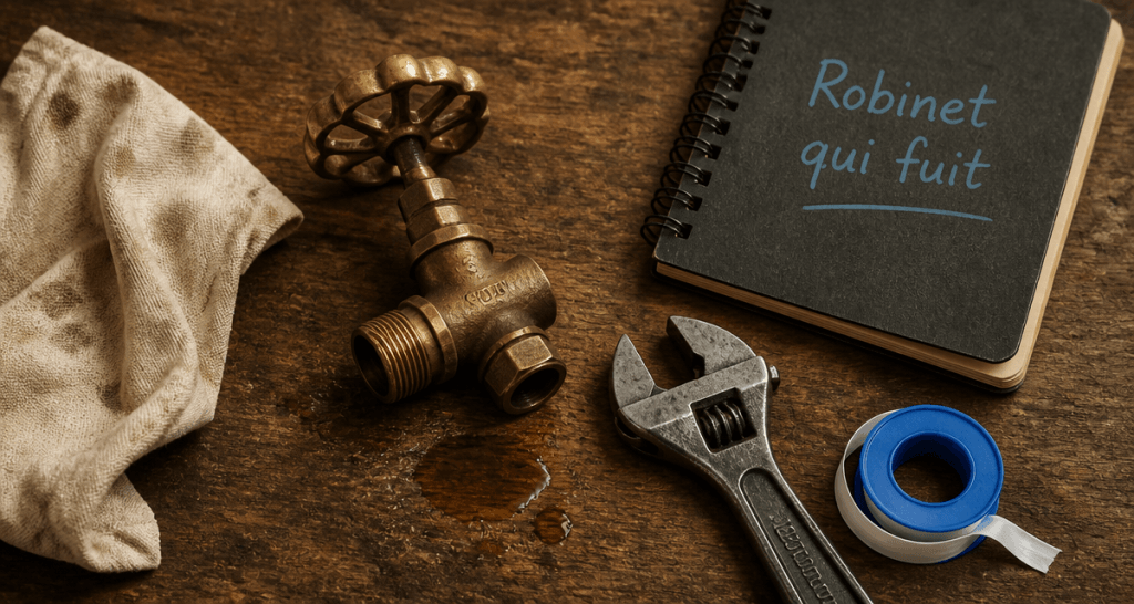 robinet radiateur fuite sur plan de travail avec outils