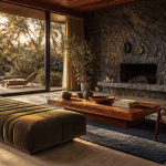Salon maison californienne année 70 ouvert sur jardin