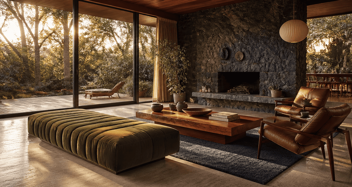 Salon maison californienne année 70 ouvert sur jardin