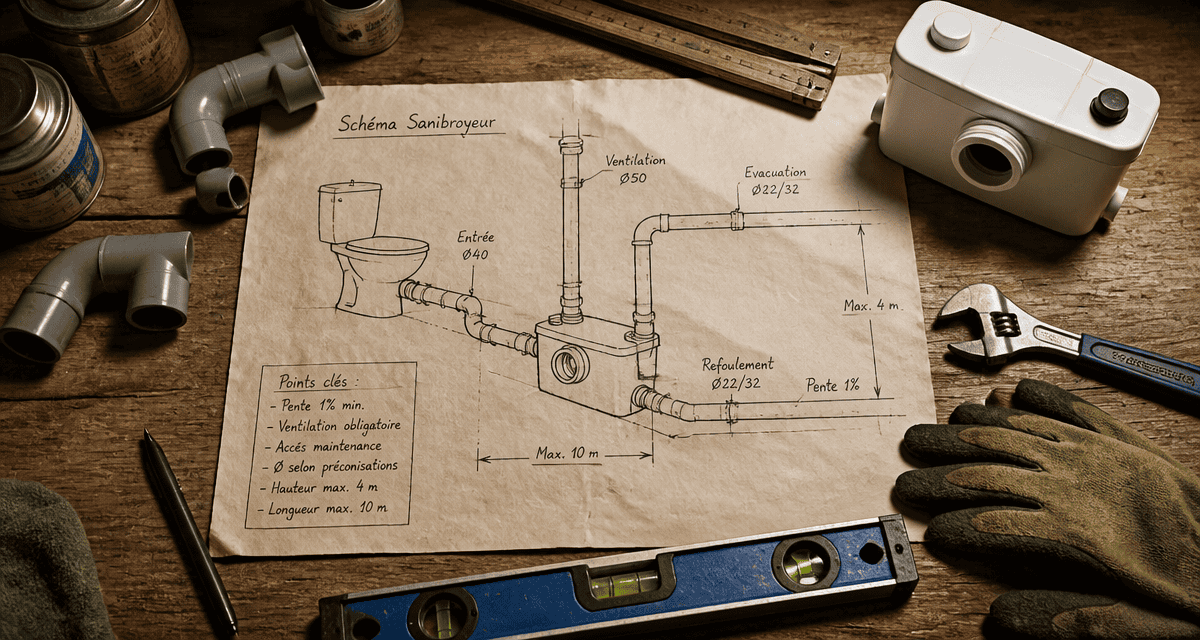 schema evacuation sanibroyeur dessiné à la main avec outils