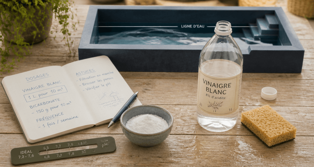 vinaigre blanc piscine sur table avec accessoires