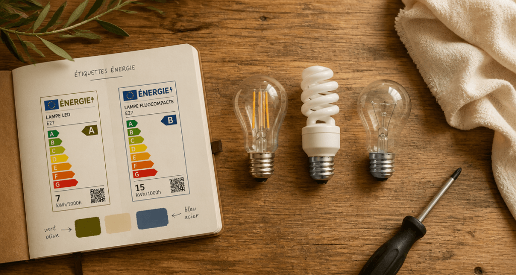 Ampoule economique LED fluocompacte incandescence sur table