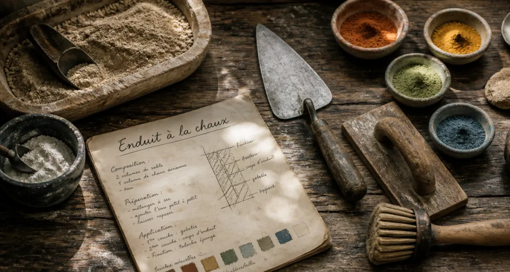 Chaux enduit outils anciens et mélanges sur établi