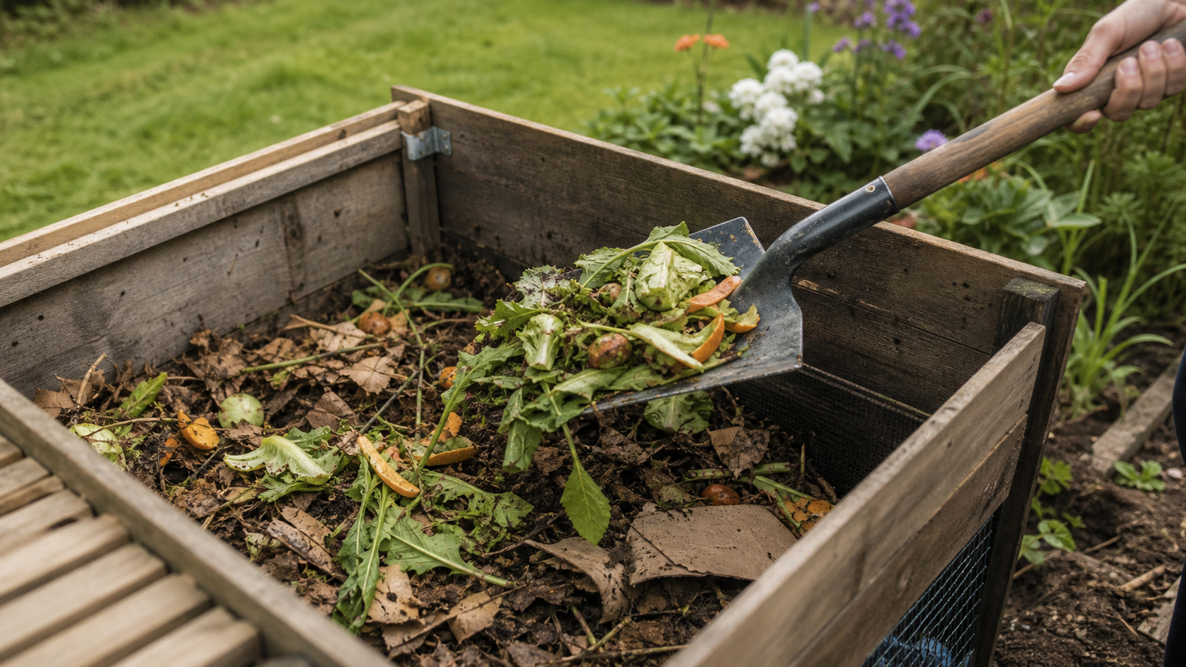 Composteur jardin : épluchures et feuilles mortes bien mélangées