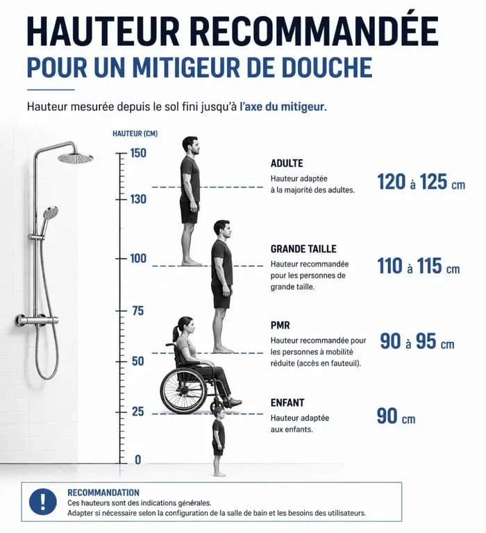 Infographie des hauteurs recommandées pour l'installation d'un mitigeur de douche selon le profil de l'utilisateur