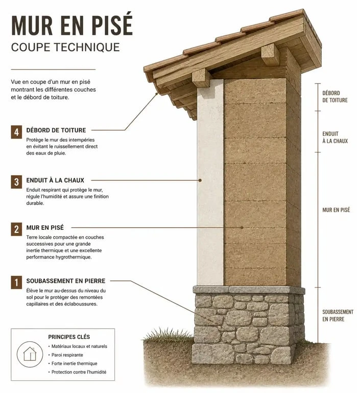 Schéma technique d'un mur en pisé montrant la structure et les couches de protection