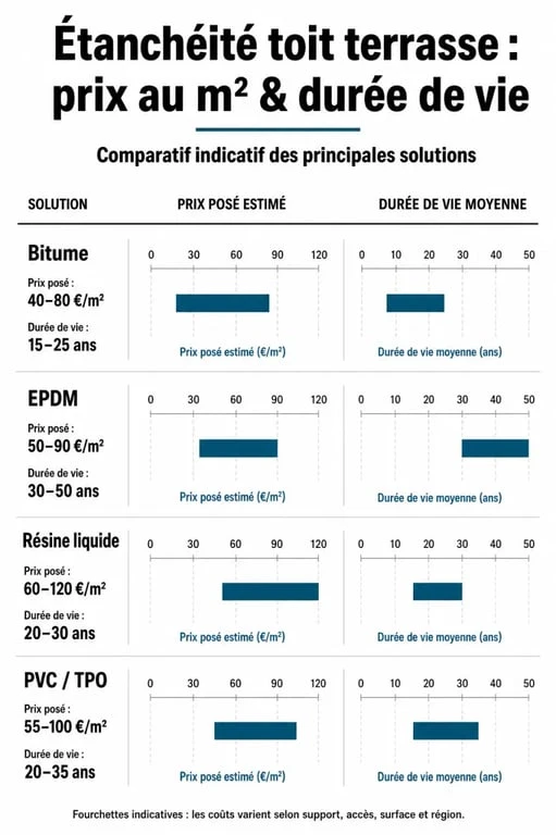Infographie comparative des prix au m2 et durées de vie pour l'étanchéité d'un toit terrasse
