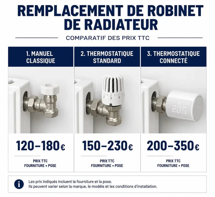 Infographie comparative du prix d'un plombier pour changer un robinet de radiateur selon le modèle