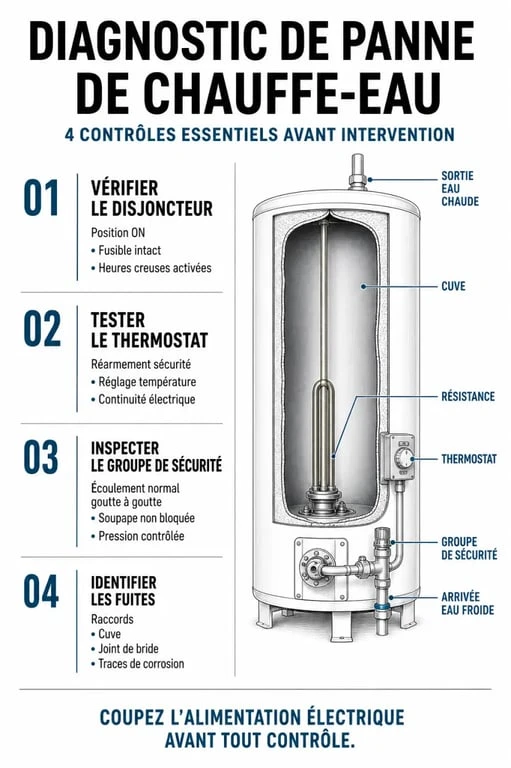 Infographie diagnostic dépannage chauffe-eau électrique