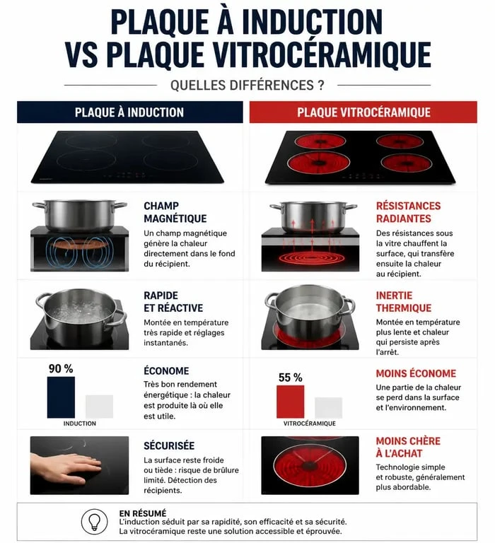 Tableau comparatif des différences entre plaque à induction et plaque vitrocéramique pour aider au choix de votre équipement de cuisine.