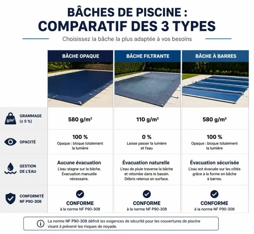 Tableau comparatif des types de bâche hivernage piscine sur mesure : opaque, filtrante et à barres