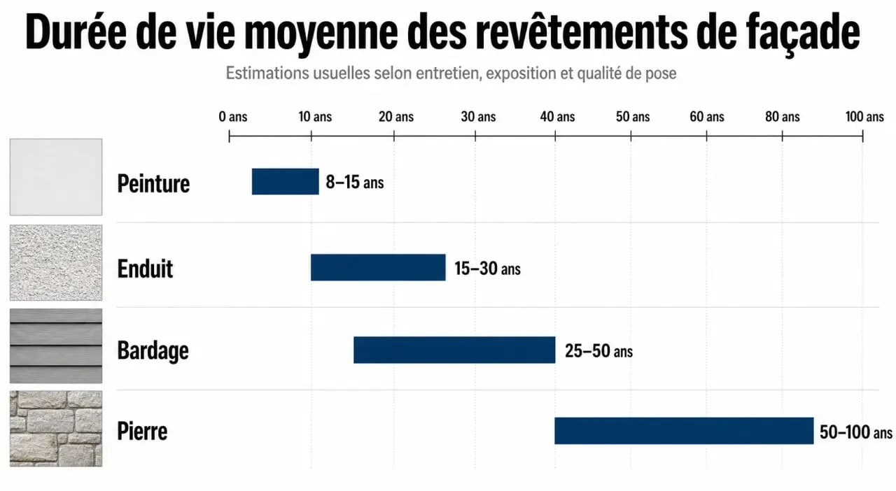 Infographie durée de vie ravalement de façade selon le type de revêtement