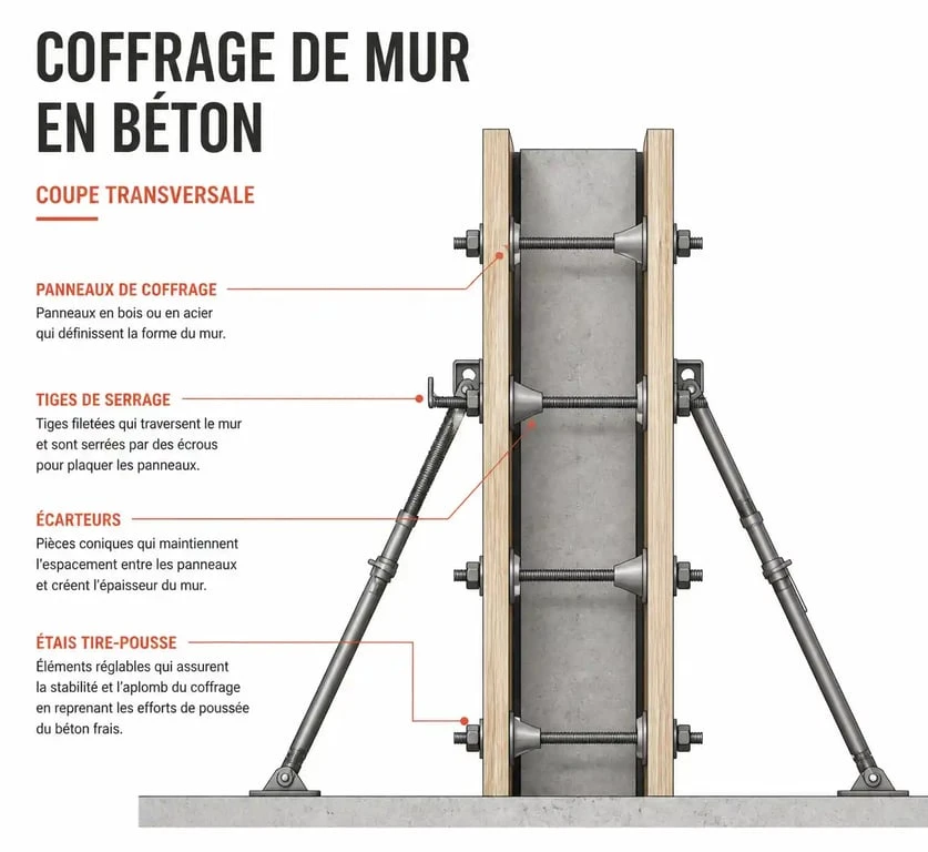 Schéma explicatif d'un coffrage de mur en béton avec ses composants principaux