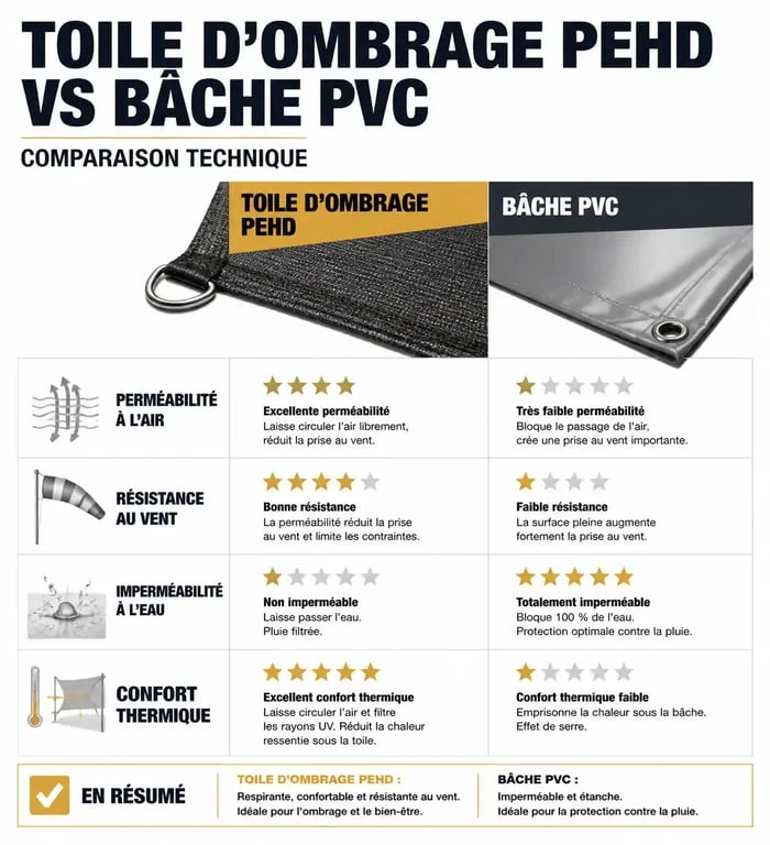 Comparatif technique des bâches d'ombrage : PEHD vs PVC pour votre terrasse