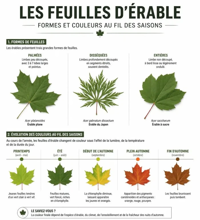 Infographie comparative des formes et couleurs du feuillage de l'érable