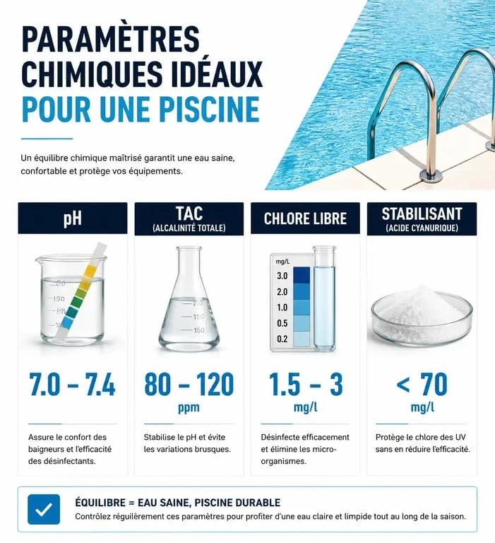 Tableau des paramètres chimiques idéaux pour traiter une eau verte de piscine