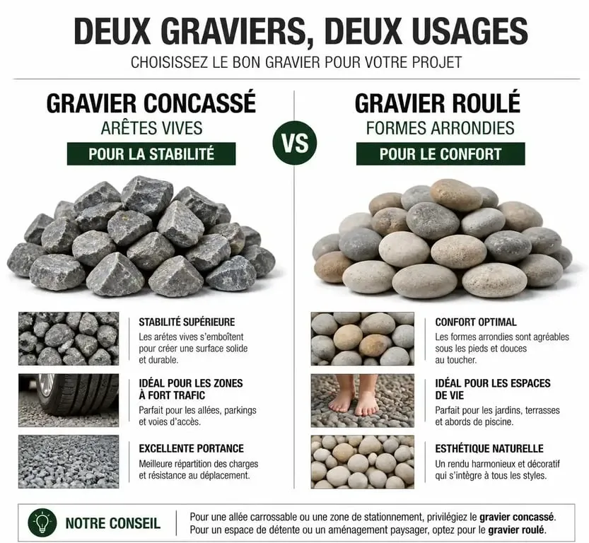 Comparatif gravier concassé vs gravier roulé pour terrasse