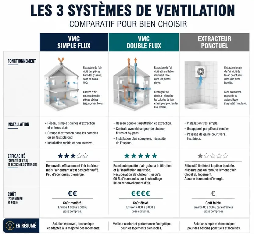 Comparatif des systèmes de VMC dans une salle de bain : simple flux, double flux et extracteur
