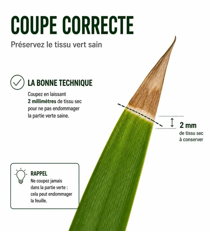 Technique pour couper le bout marron des feuilles de plantes sans abîmer la partie saine