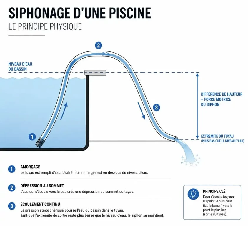 Schéma explicatif du principe de siphonage pour vider une piscine avec un tuyau