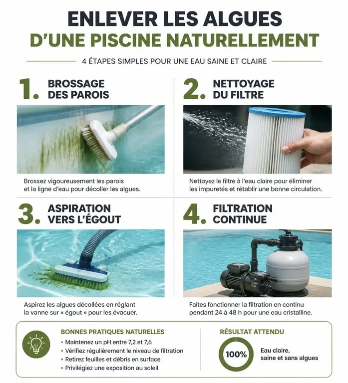 Infographie des 4 étapes pour enlever les algues de piscine naturellement et retrouver une eau claire.