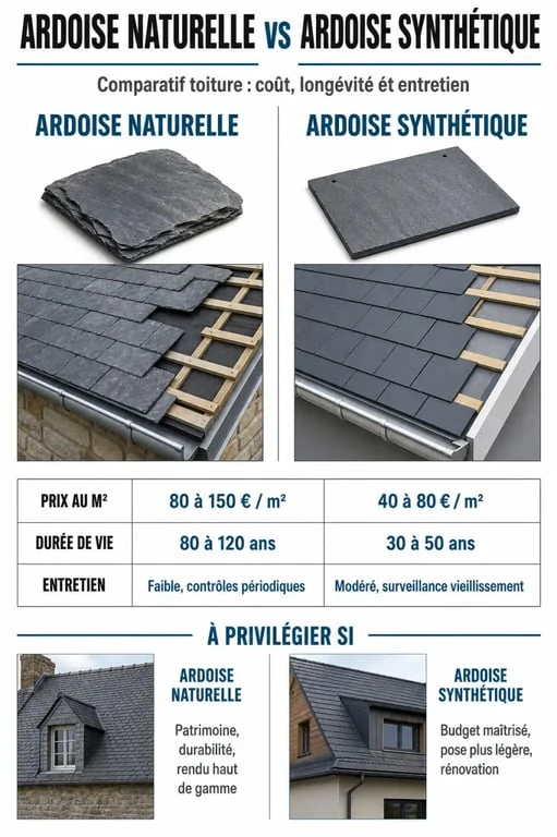 Tableau comparatif des prix et caractéristiques pour un toit en ardoise naturelle ou synthétique