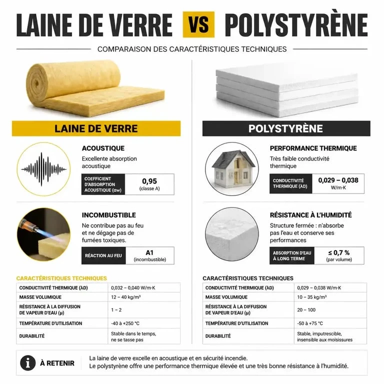 Comparatif isolation : laine de verre ou polystyrène, différences de performance thermique et acoustique pour le choix de matériaux.