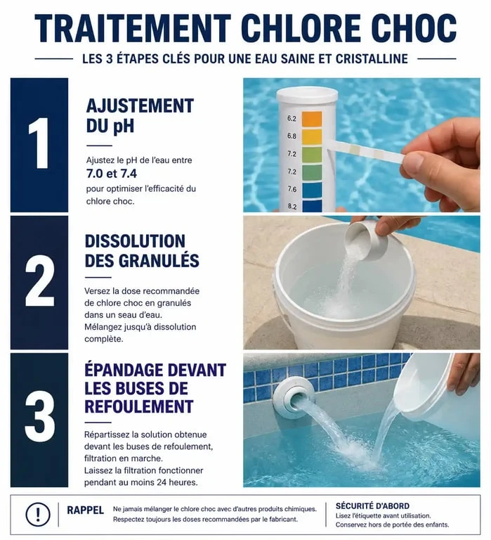 Infographie des étapes pour réaliser un traitement chlore choc piscine efficace