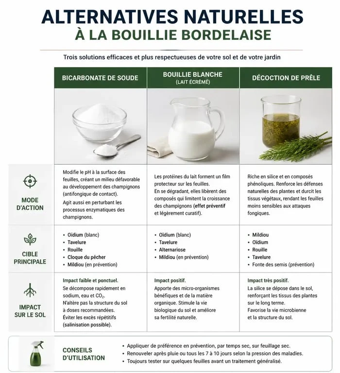 Infographie comparative des alternatives naturelles à la bouillie bordelaise pour traiter les maladies du jardin
