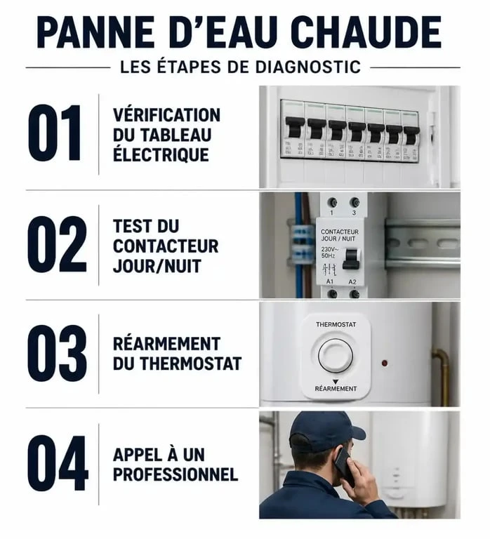 Étapes de diagnostic pour une panne d'eau chaude : vérification électrique et thermostat