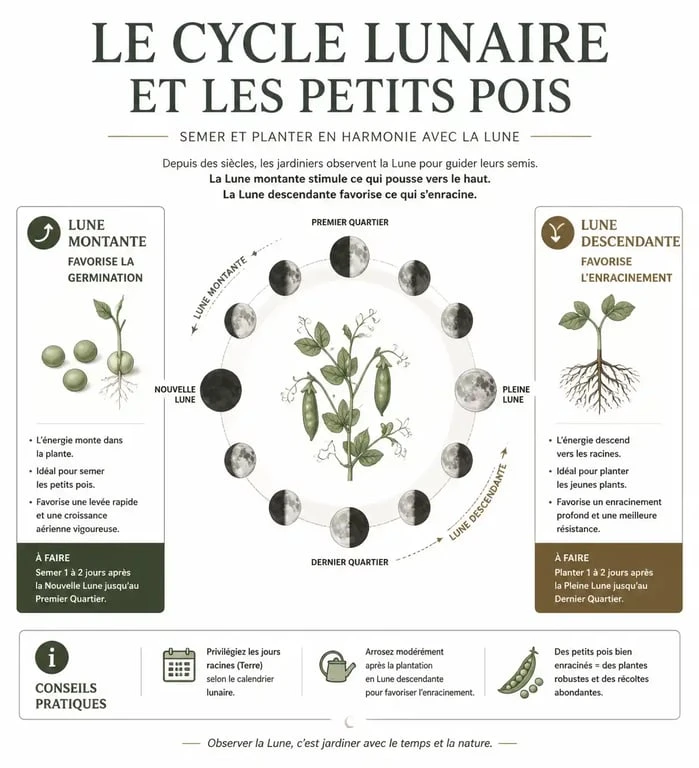 Infographie explicative sur le semis des petits pois avec la lune et le calendrier lunaire