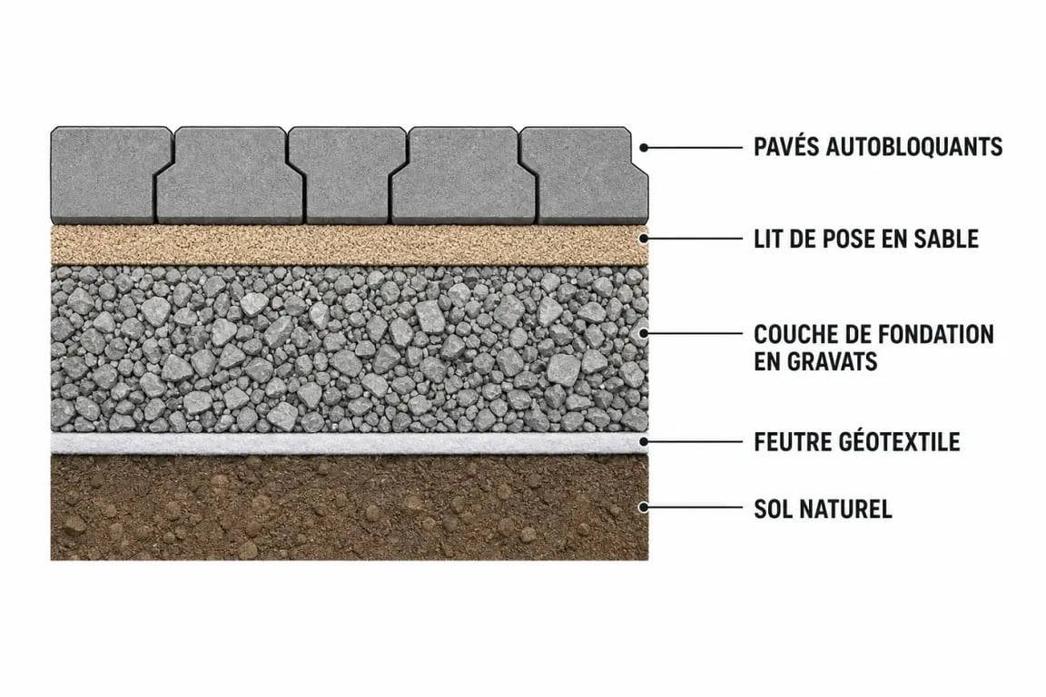 Schéma en coupe des étapes de pose d'un pavé autobloquant pour une allée durable