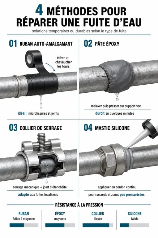 Infographie comparative des méthodes pour colmater une fuite d'eau sous pression : ruban, pâte, collier et mastic.