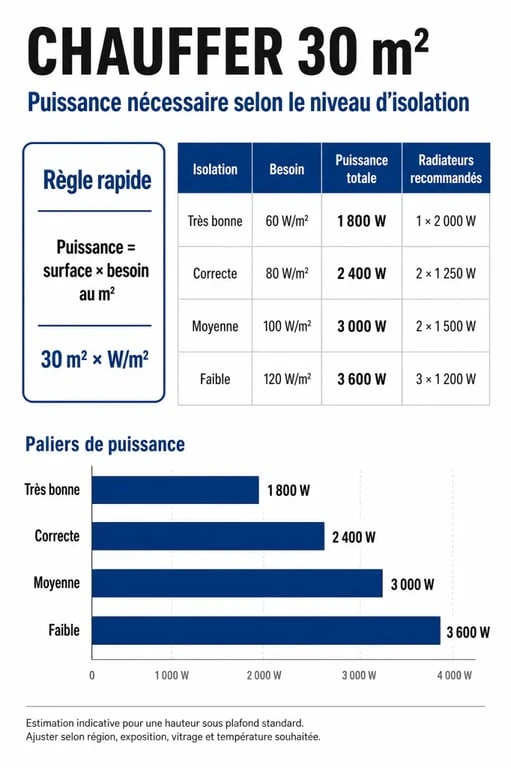 Infographie sur le calcul de la puissance de radiateur pour 30m2 selon l'isolation