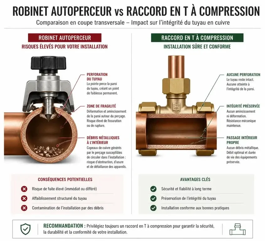Comparaison technique entre un robinet autoperceur interdit et un raccord en T conforme