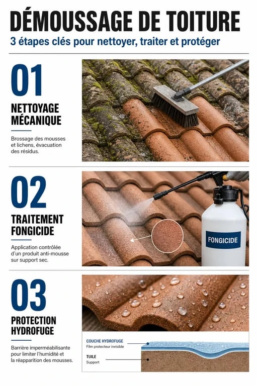 Infographie des étapes d'un exemple devis démoussage toiture professionnel