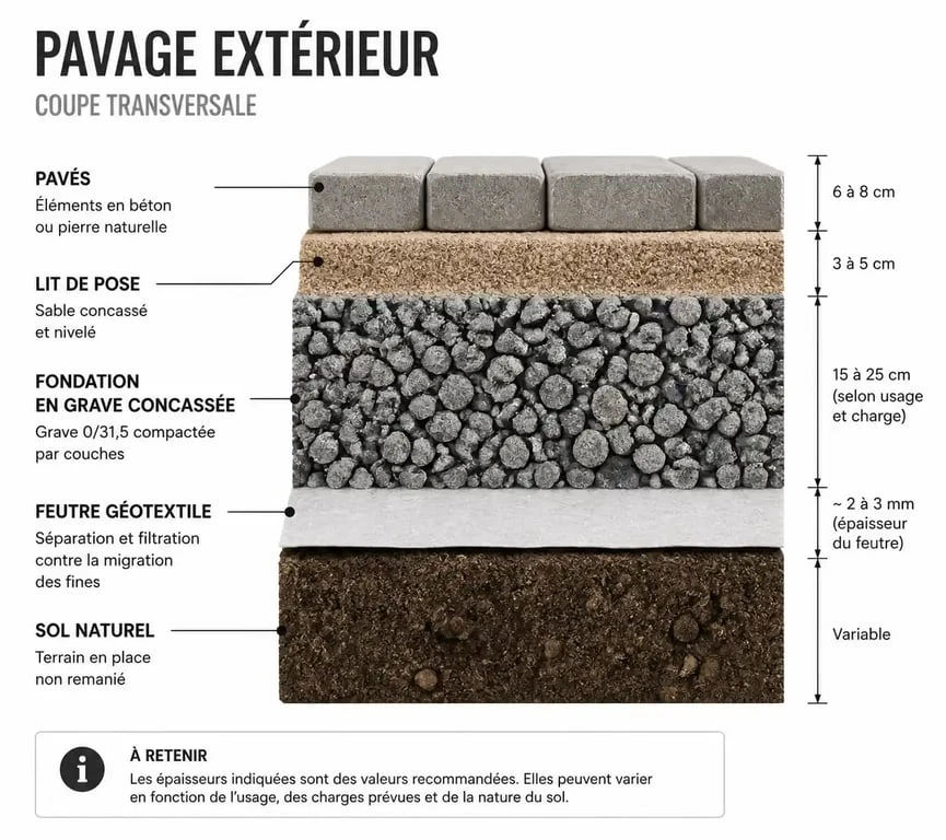 Schéma en coupe des couches nécessaires pour la pose de pavage extérieur