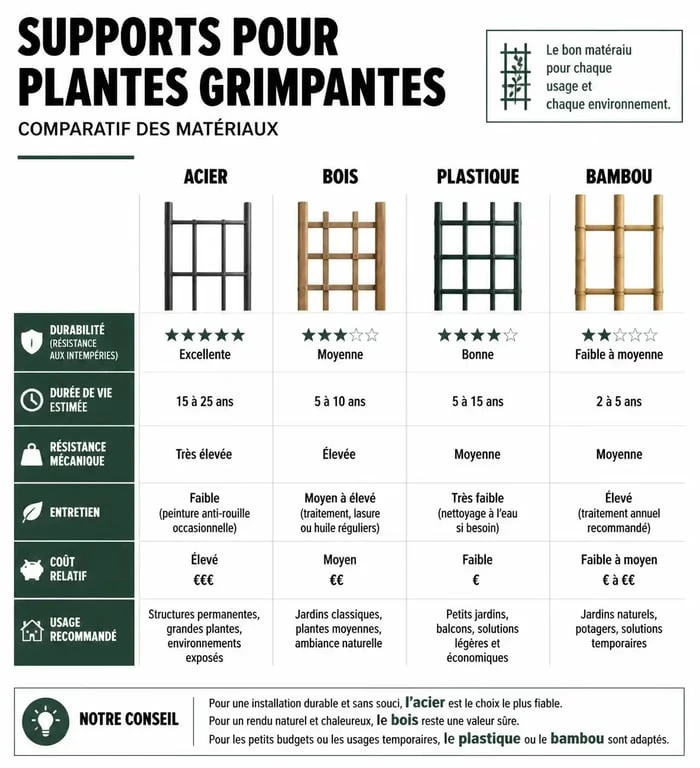 Comparatif des matériaux pour support plante grimpante : acier, bois, plastique et bambou