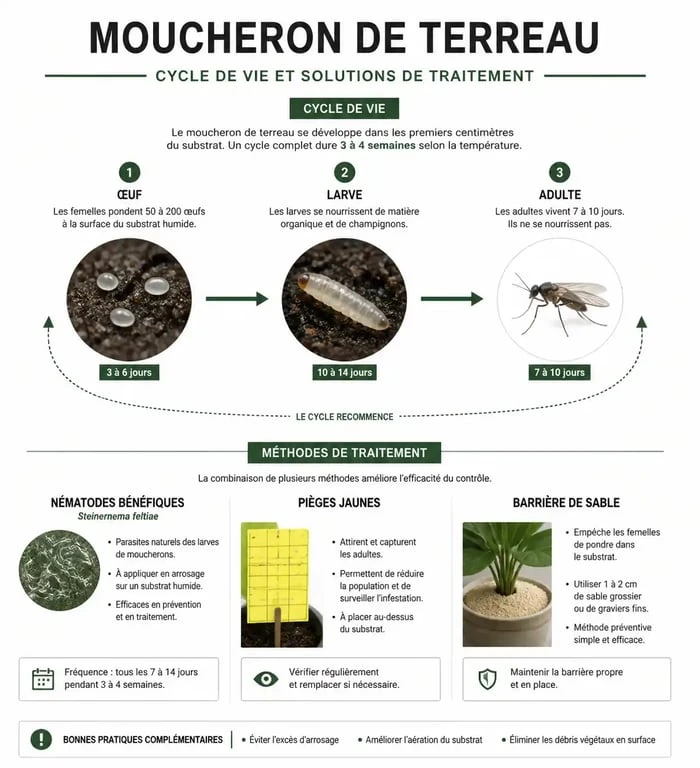 Infographie explicative sur le cycle de vie et les solutions anti-moucheron pour plantes d'intérieur