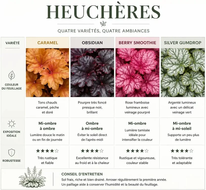 Tableau comparatif des plus belles heuchères pour le jardin : variétés, couleurs et expositions
